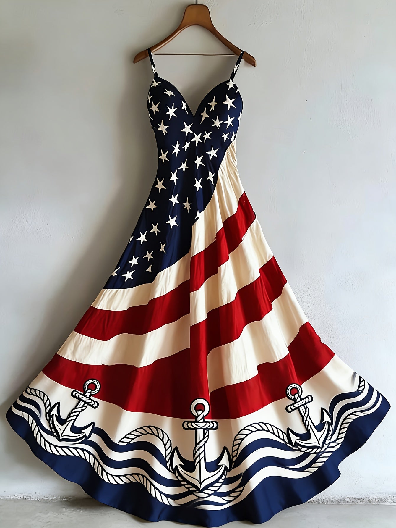 Women's Patriotic Maxi Dress - A-Line Silhouette, Suitable for Vacation, Leisure & Beach Outings, Loose Fit, National Flag Pattern, Sleeveless, V-Neck, Red National Flag Design with Built-In Cups