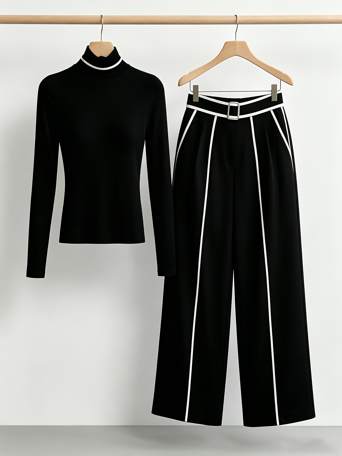 Elegant Stand-collar Top with Contrasting Trim And Waist- Long Sleeves, Paired with Wide-leg Trousers Two-piece Set