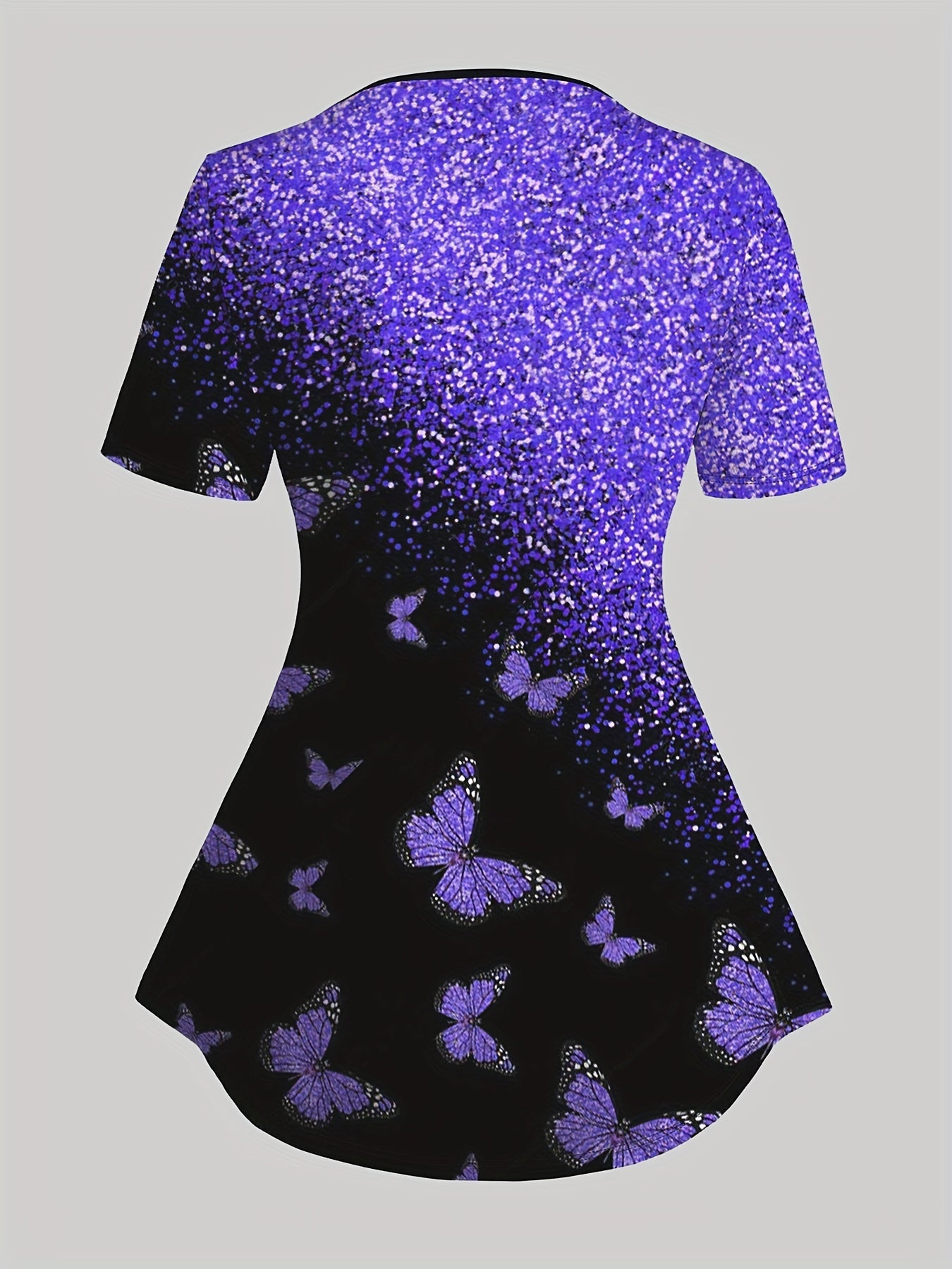 Plus Size, Plus Size Butterfly Print 2pcs Set, Casual Color Block V Neck Short Sleeve Top & Capri Pants Outfits, Women's Plus Size Clothing
