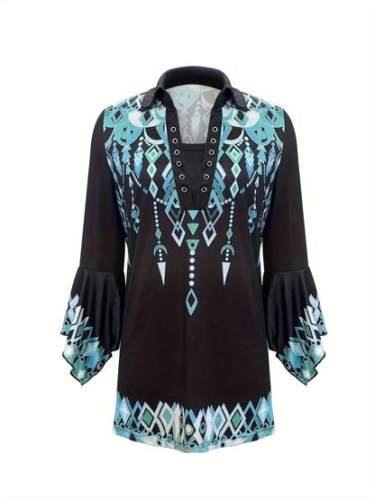 Green Three-Quarter Sleeve T-Shirt with a Printed Lapel, Featuring an Irregular Sleeve And Button- Design for The New Spring And Autumn Season