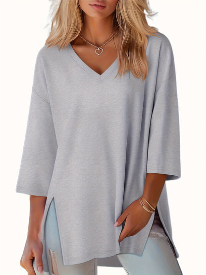 Three-piece Women's Fashion Large 3/4 Sleeve Top, V-neck y Casual Side-slit Shirt, Loose Basic Seven-quarter Sleeve T-shirt