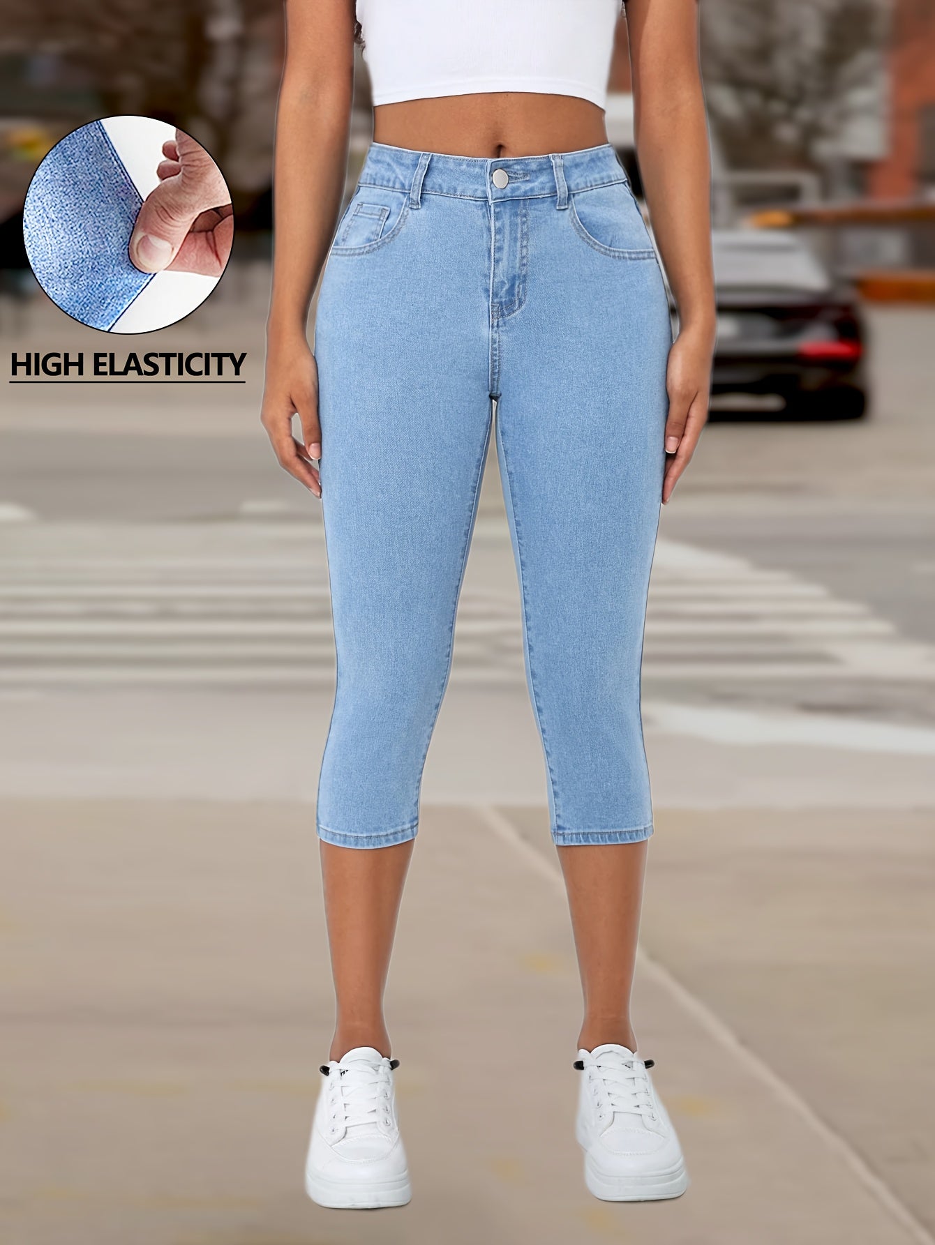 Womens Light Blue High Waisted Stretch Denim Capri Pants Ankle Length Split Hem Design Slim Fit Tummy Control Bootcut Flare Leg Casual Chic Style Comfortable Elastic Waistband Versatile Daily Wear Machine Washable Plus Size XS to XL All Season