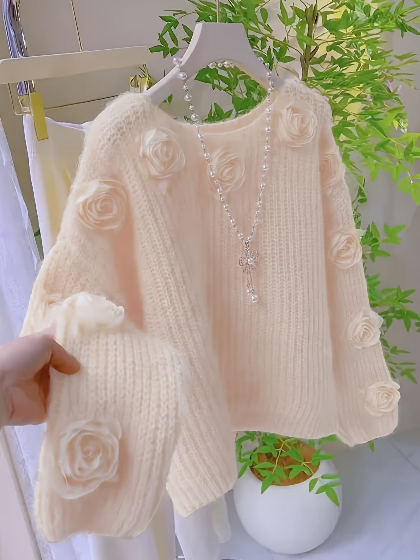 Plus Size - Plus Size - Oversized Pullover, Soft Light Yellow with Rose Lantern Sleeves, Perfect for Casual Outings And Romantic Dates