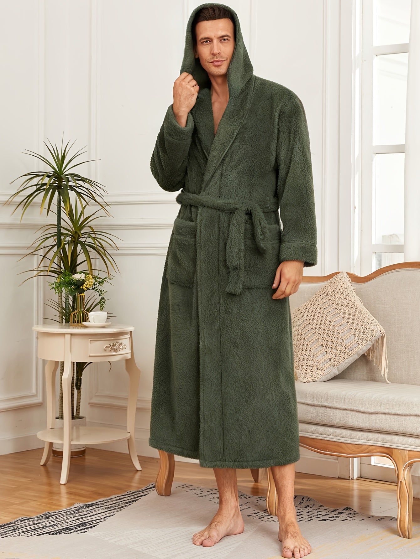 Men'S Thickened Flannel Hooded Bathrobe - Soft Plush Long Sleeve Robe with Pockets, Warm & Breathable Winterrobe for Home, Spa