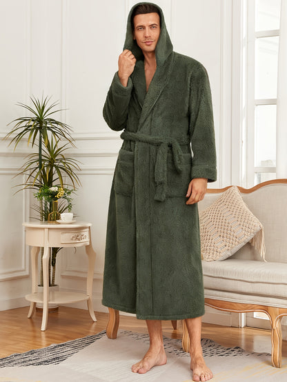 Men'S Thickened Flannel Hooded Bathrobe - Soft Plush Long Sleeve Robe with Pockets, Warm & Breathable Winterrobe for Home, Spa