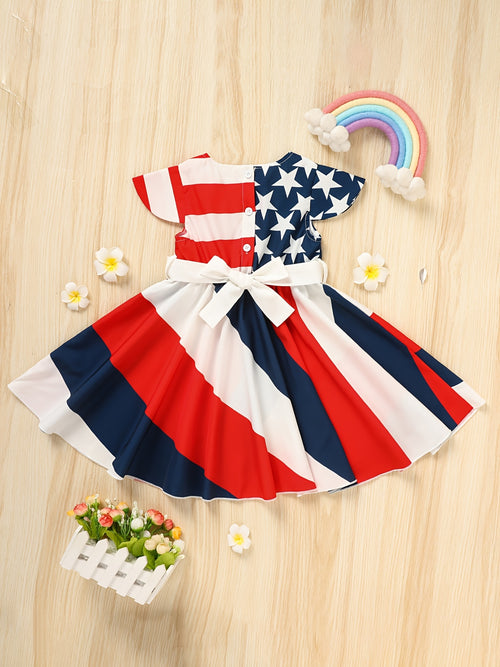 Girls' Independence Day Outfit - Short Sleeve Twirl Dress in Red, White & Blue Stripes And Stars, Ideal for Summer Festivities on The 4Th of July