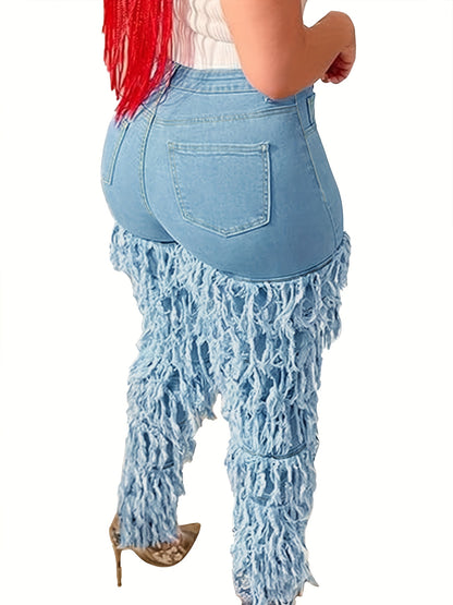 Plus Size Women's High Waist Stretchy Skinny Jeans - Solid Blue Denim, Leg Paneled with Fringe Layers & Frayed Edges, Retro Casual Fashion, Versatile for Parties & All-Season Outings