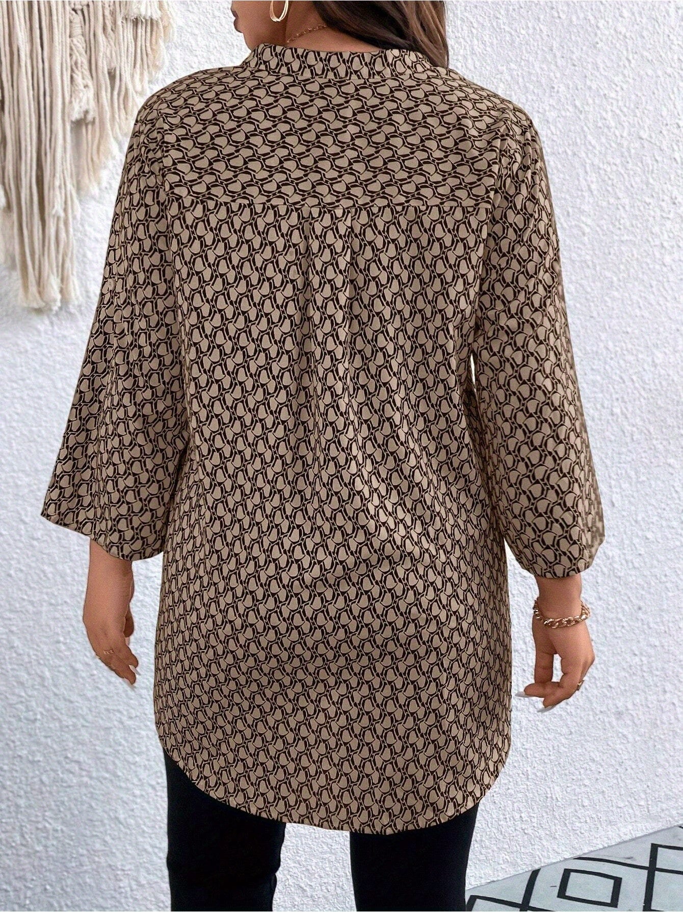 Plus Size, Plus Size Casual Top, Women's Plus Size Allover Print Roll Sleeve Split Neck Tunic Top