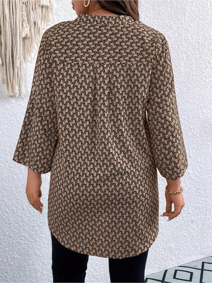Plus Size, Plus Size Casual Top, Women's Plus Size Allover Print Roll Sleeve Split Neck Tunic Top