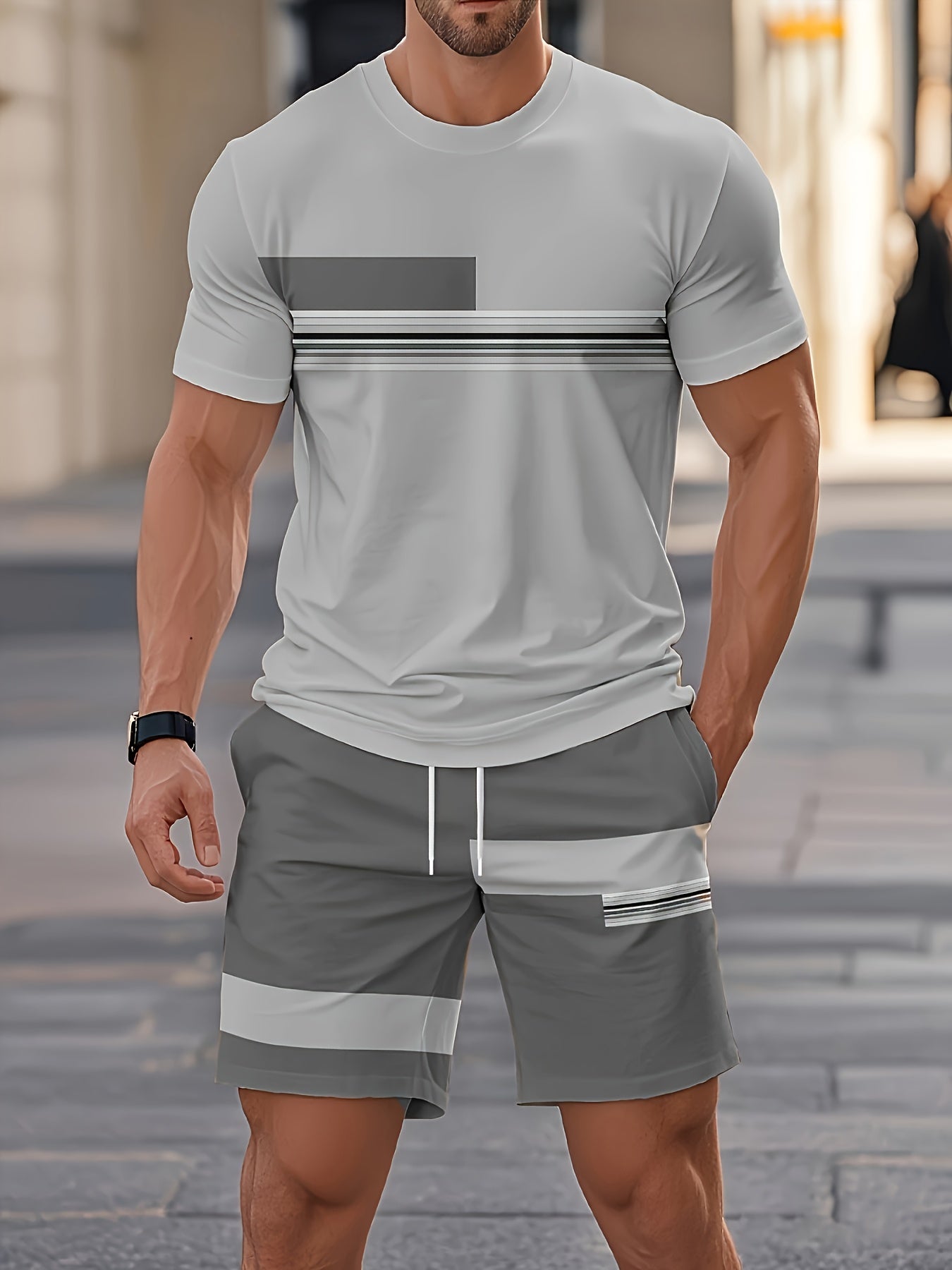 [3D Printing 2pcs Set] Summer 3D Printed Men'S Breathable Comfortable Outdoor Casual Short-Sleeve Crew Neck T-Shirt And Shorts Adult Set