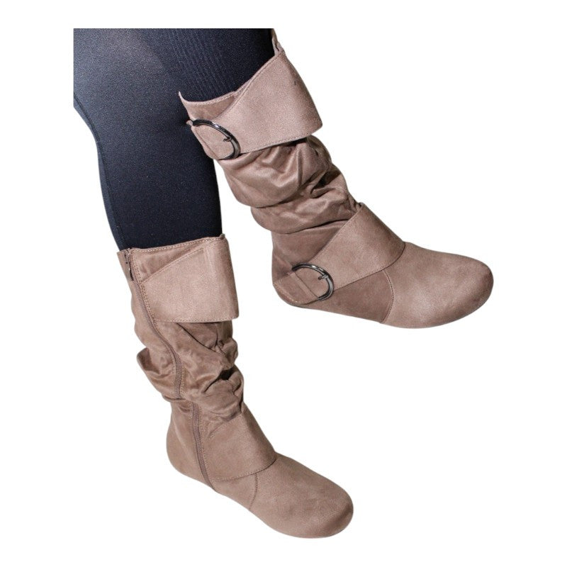 Women's Closed Round Toe Buckle Slouch Flat Heel Mid-Calf Boot