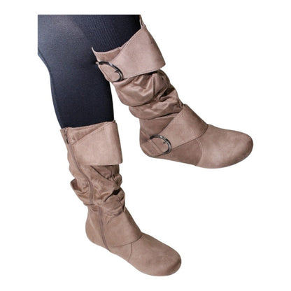 Women's Closed Round Toe Buckle Slouch Flat Heel Mid-Calf Boot