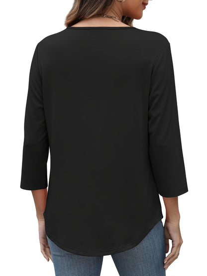 Three-piece Women's 3/4 Long-sleeved Top, Fashionable Ladies' Casual Loose Shirt, Round-neck Pleated T-shirt