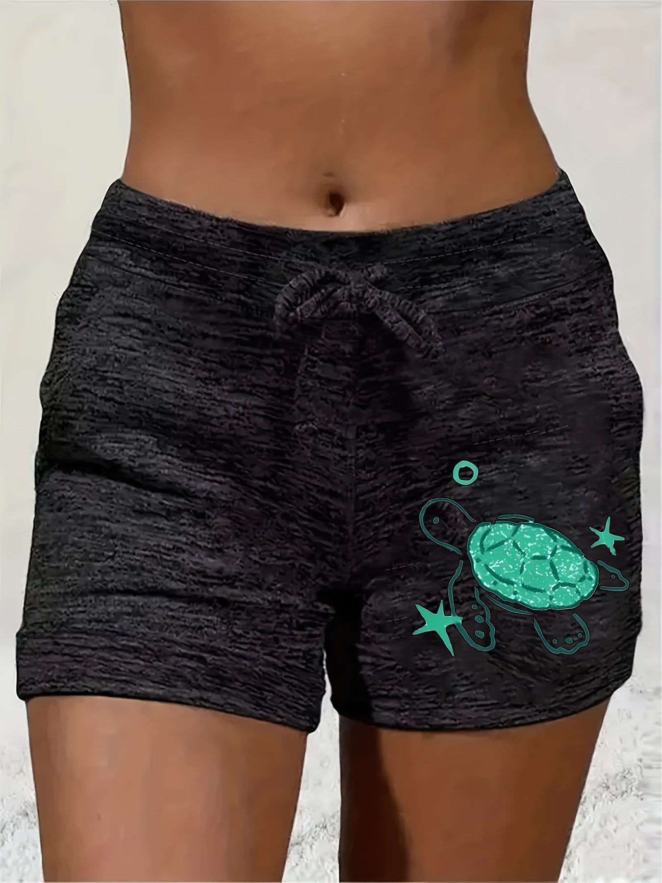 Turtle Print Drawstring Pants, Casual Daily Free and plaid Women's Shorts