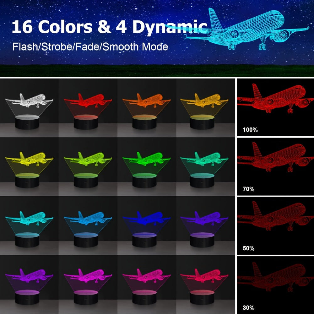 16-Color Airplane 3D Night Light - Touch-Control Illusion Display