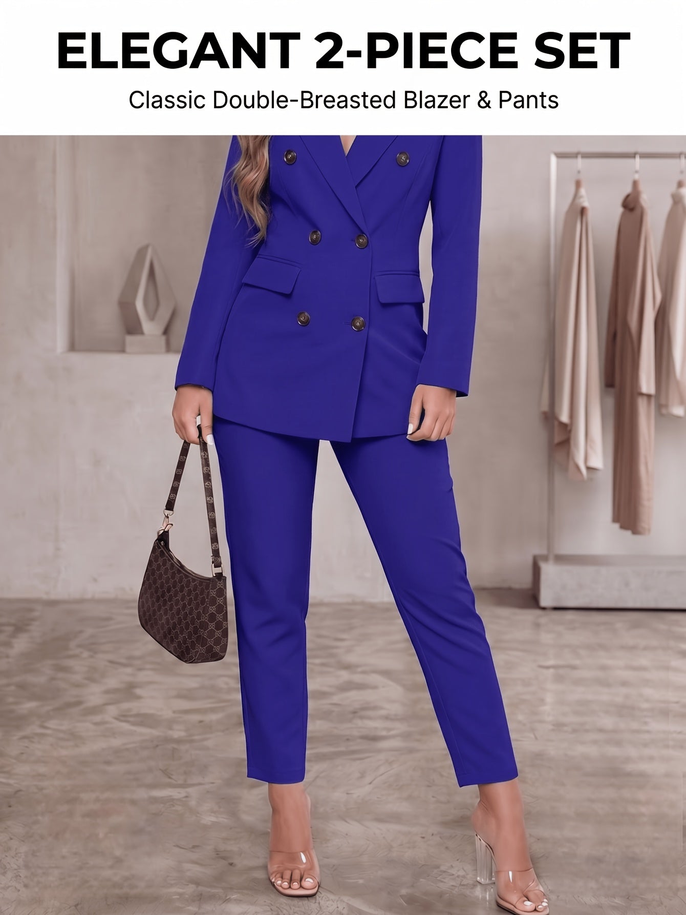 2pcss Blazer Set Pantsuit Women Double Breasted Blazer Set Formal 2pcss Pantsuit For Office Work, Long Sleeve Business Suit Slim Fit Double Breasted Suit For Business Meetings Corporate Office