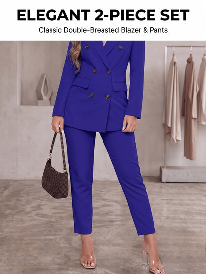 2pcss Blazer Set Pantsuit Women Double Breasted Blazer Set Formal 2pcss Pantsuit For Office Work, Long Sleeve Business Suit Slim Fit Double Breasted Suit For Business Meetings Corporate Office