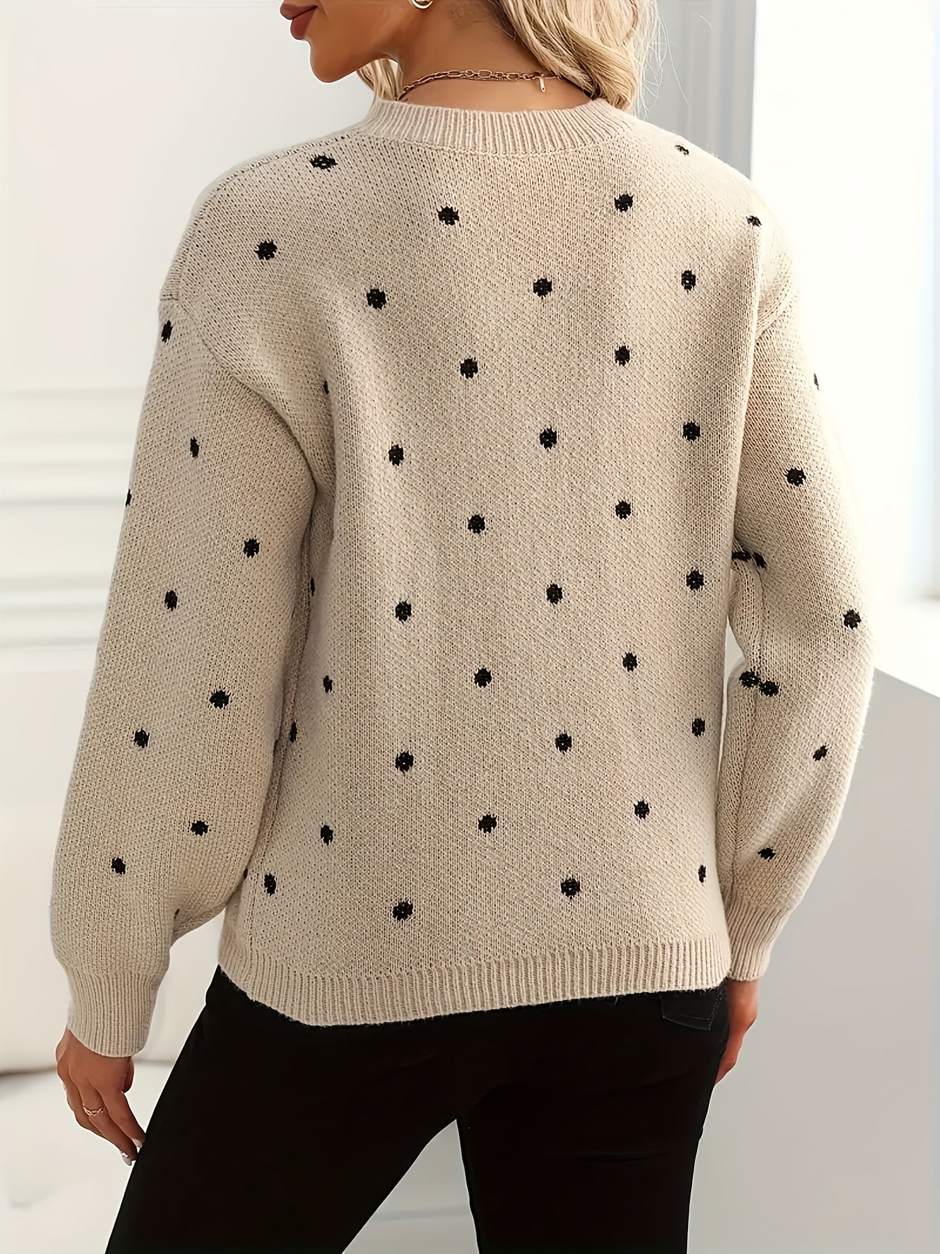 Women'S Polka Dot Sweater - Casual Long Sleeve Crew Neck Pullover with Relaxed Fit & Medium Stretch, Soft Warm Fall Winter Sweater for Casual Attire, Sweater, Mediumstretch Fabric