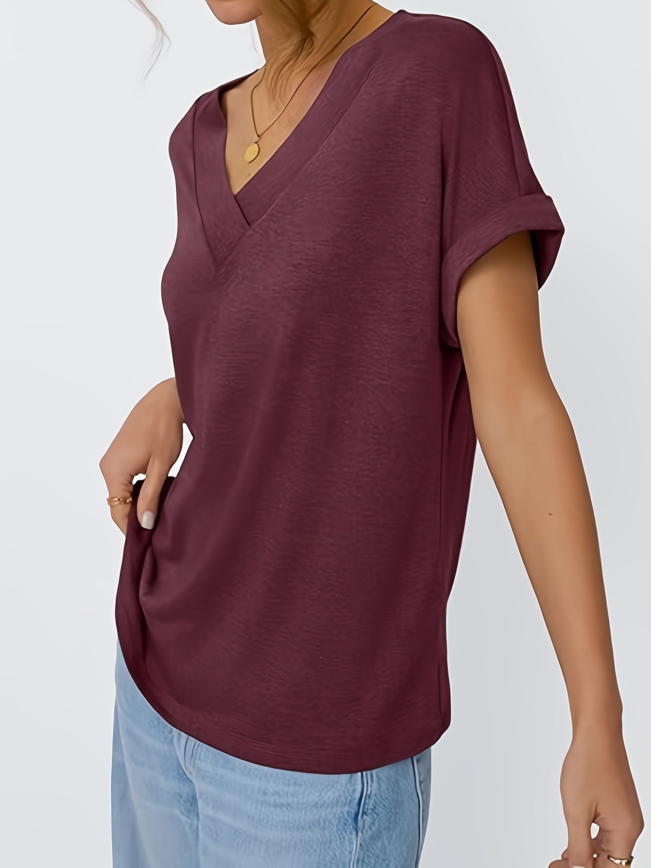 Ladies Top 2025 Europe And The United States Fashion Casual Solid Color No Print V-neck T-shirt for Women