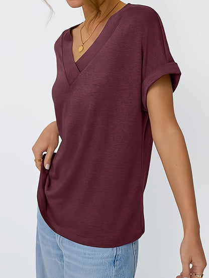 Ladies Top 2025 Europe And The United States Fashion Casual Solid Color No Print V-neck T-shirt for Women