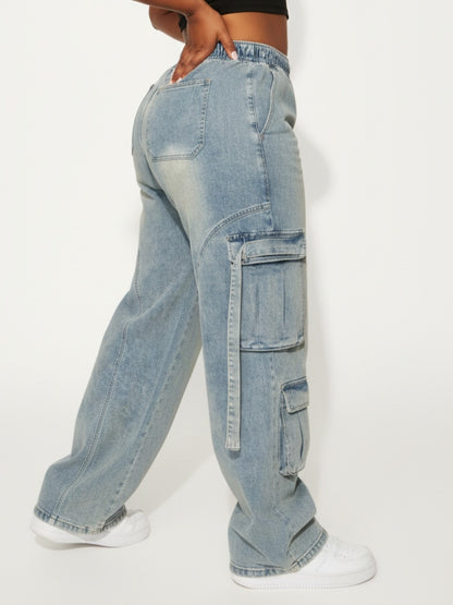 Large Sized Multi Pocket Waist And Headband with Elastic Drawstring Denim Workwear Pants