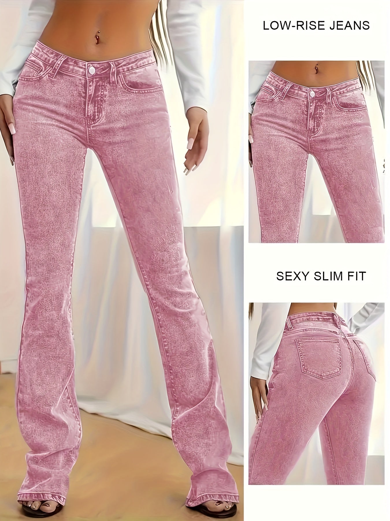 2026 NEW [Long Length Skinny Flare Jeans] Women'S Casual Skinny Flare Jeans, Long Length, Low Waist, Button Fly, Medium Stretch, All Seasons, Solid Color