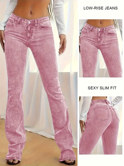 2026 NEW [Long Length Skinny Flare Jeans] Women'S Casual Skinny Flare Jeans, Long Length, Low Waist, Button Fly, Medium Stretch, All Seasons, Solid Color