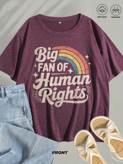 Women'S Short Sleeve T-Shirt, Christmas Women'S Clothing, Thanksgiving, Christmas Gift- Blend Human Rights Fan T-Shirt with Rainbow Pride Design Retro Font Statement T-Shirt, Suitable for Unisex Street Fashion Trend Graphic Top