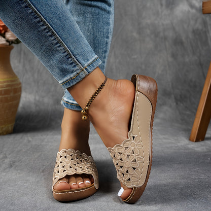 [Floral Wedge Sandals] Women's Floral Wedge Sandals - Comfortable Slip-on Open-toe Summer Shoes with Arch Support, Casual Design, Suitable for Casual | Look| Comfortable And Stylish, Convenient for Going Out, Perfect Gift Choice, Women Shoes
