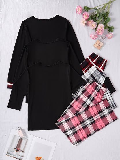 A New Six-Piece Casual Set for Women Featuring Heart-Shaped Printed Pockets, Long-Sleeve And Short-Sleeve Tops, Checkered Trousers, And Pajama Ensembles