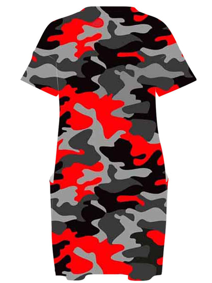 Womens Plus Size V Neck Dress with Pockets Red Black And Gray Camouflage Print Comfortable Breathable Fashion Casual Outfit Gift Womens Clothes