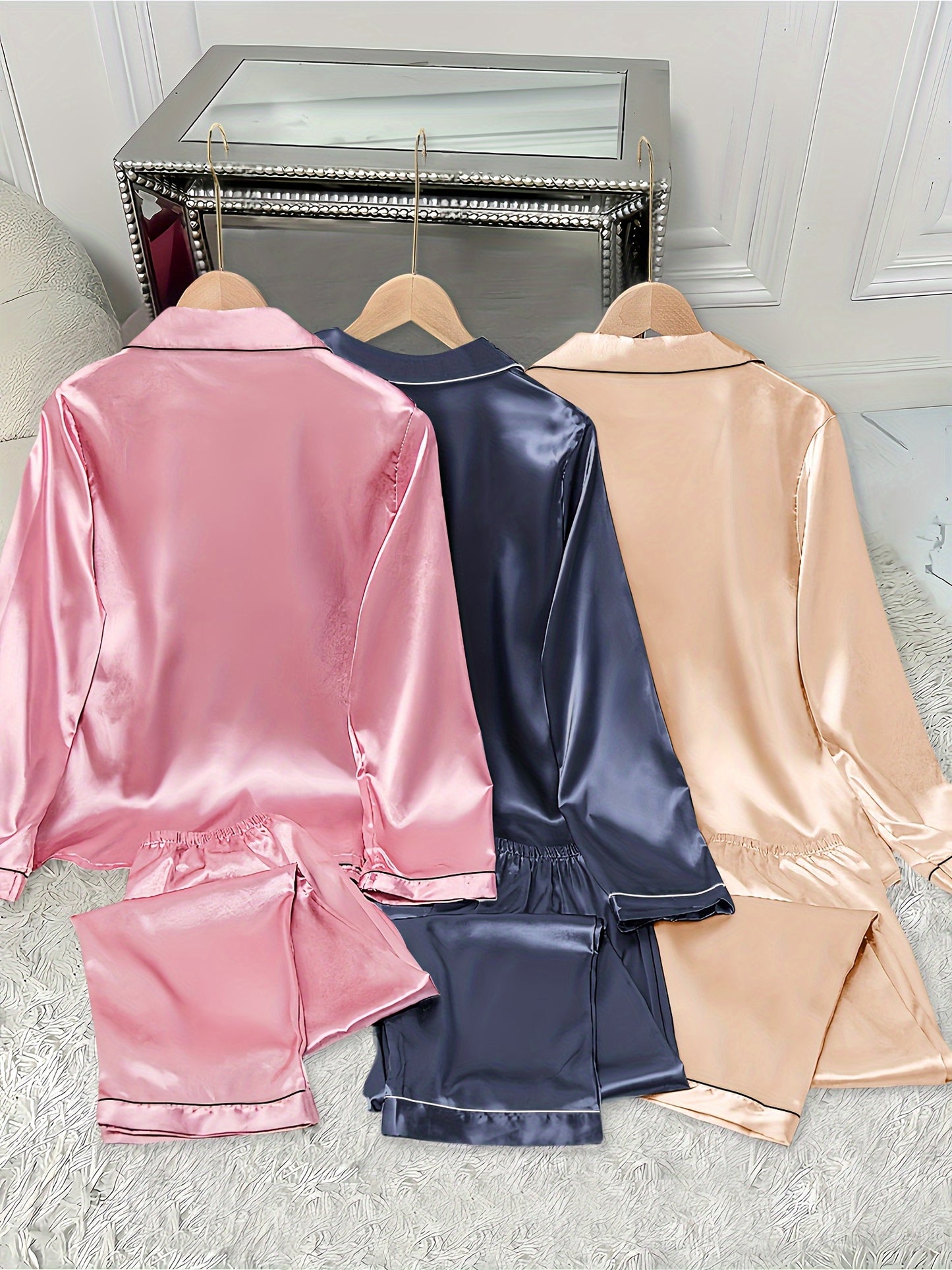 3pcs Women'S Satin Pajama Set - Casual Solid Color Long Sleeve Shirt & Elastic Waist Pants, Lapel Collar, Button Detail, Fall/Winter Sleepwear