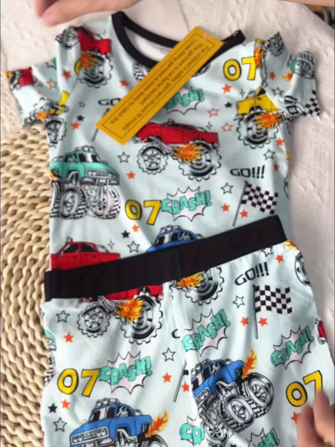 Moss River Boys Short Sleeve Shorts Family Pajamas Set, Cartoon Off-Road Vehicle Covered with Printed Patterns, Soft Bamboo Fiber, Round Neck, Boys Cozy Home Outfit & Great Gift Idea, Set Perfect for Little Boys Who Love Monster Truck