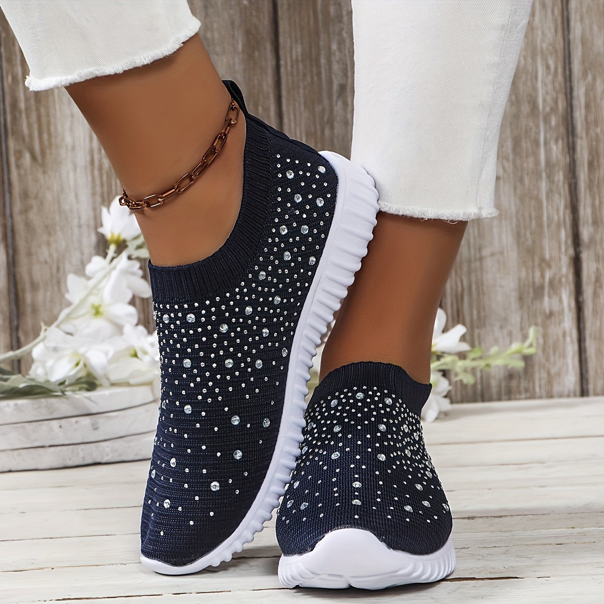 Women's Rhinestone-Decorative Lightweight Walking Shoes with Thick Sole - Breathable & Sliding Training Sneakers Suitable for - Casual, Sports, Camping, /Outdoor - Sparkling Comfortable Footwear