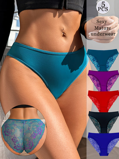 5pcs Ladies Sexy Lace Underwear, Translucent Fashion Elegant Mature Low Waist Panties, Romantic Dating Erotic Brief, Comfortable Soft Breathable Yoga Panties