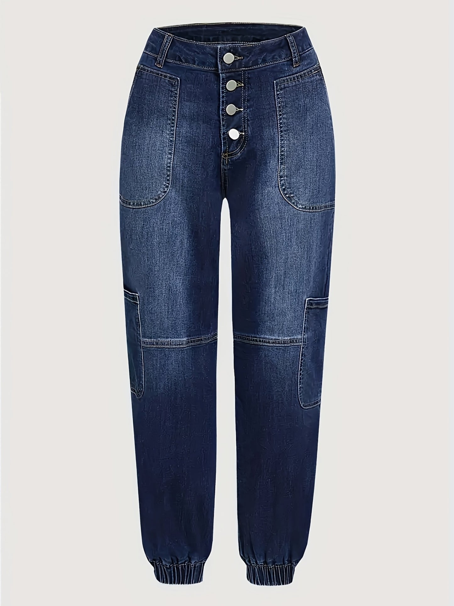 HME Women's Ankle Pants, Elastic Cargo Denim with Multiple Pockets, Heavy Wash Vintage Blue, Beltless Casual Vacation Street Style, Versatile Youthful Fashion, Autumn/Winter New Arrival