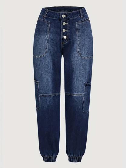 HME Women's Ankle Pants, Elastic Cargo Denim with Multiple Pockets, Heavy Wash Vintage Blue, Beltless Casual Vacation Street Style, Versatile Youthful Fashion, Autumn/Winter New Arrival