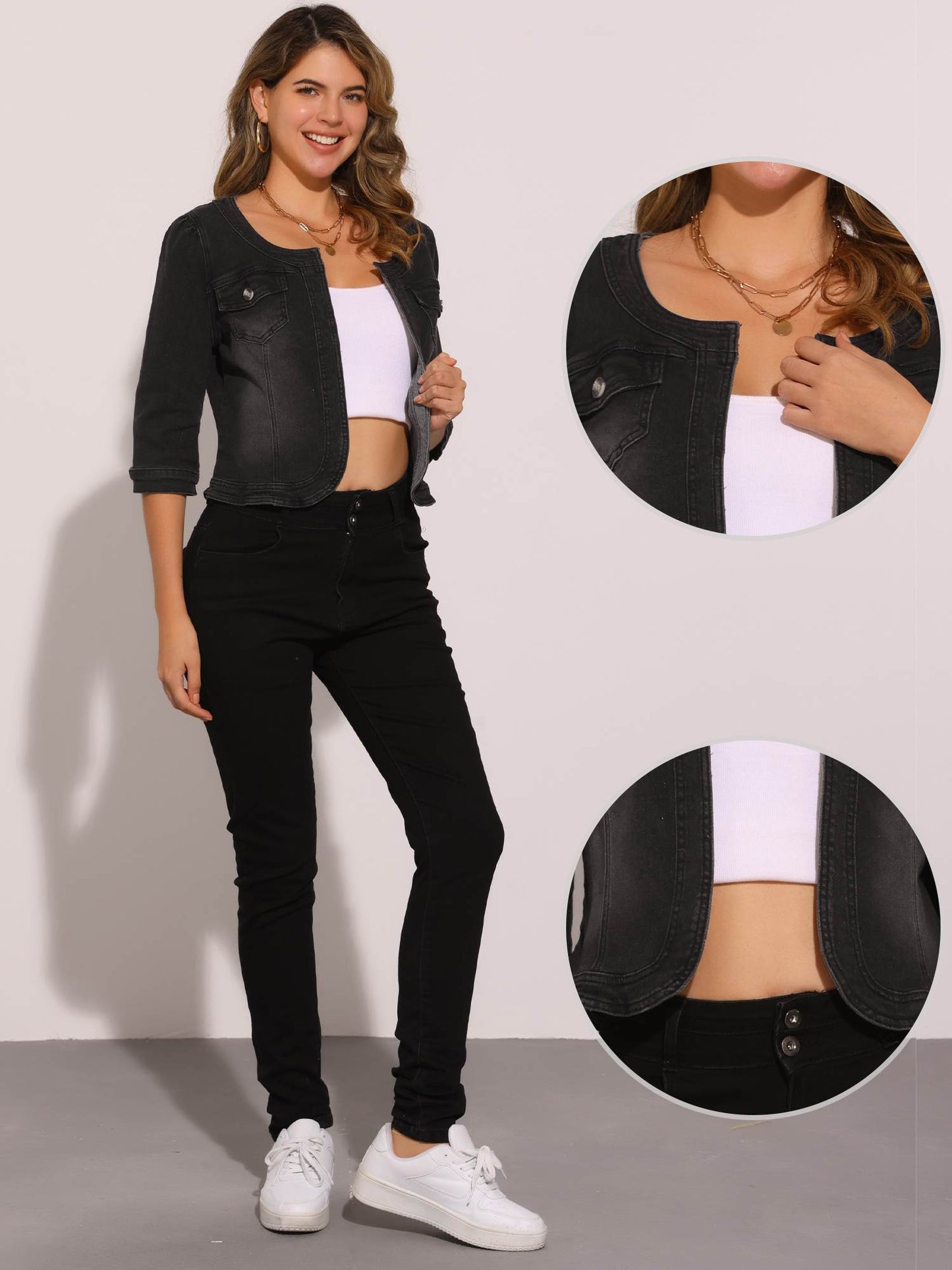 Denim Jacket for Women' S Collarless 2025 Cardigan 3/4 Sleeve Crop Jean Jackets