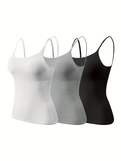 3pcs Pack Women'S Camisole Tank Tops with Built-In Bra, Seamless Design, Adjustable Straps, Layering Basics, Suitable for Spring, Autumn & Summer Outerwear Solid Colors, Layering And Outerwear