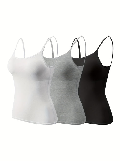 3pcs Pack Women'S Camisole Tank Tops with Built-In Bra, Seamless Design, Adjustable Straps, Layering Basics, Suitable for Spring, Autumn & Summer Outerwear Solid Colors, Layering And Outerwear