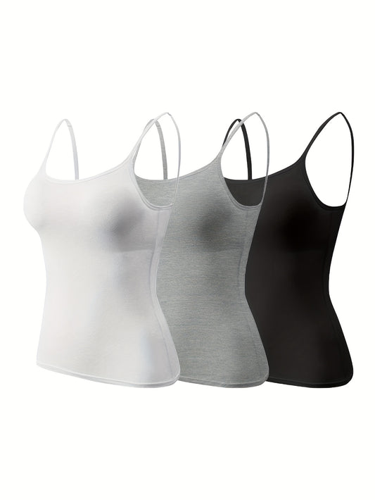 3pcs Pack Women'S Camisole Tank Tops with Built-In Bra, Seamless Design, Adjustable Straps, Layering Basics, Suitable for Spring, Autumn & Summer Outerwear Solid Colors, Layering And Outerwear