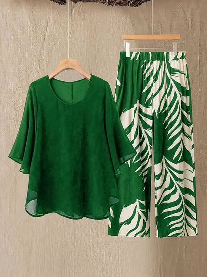 Plus Size - Plus Size - 2pcs Plus Size Women Set: Chiffon Batwing Sleeve Top And Plant Print Long Pants