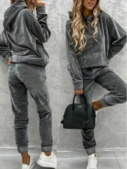 Lady Velvet 2pcs Set (Solid-color Long-sleeved Hooded Sweatshirt And Sweatpants Set) Soft Velvet Y Set for Casual Wear, Dress-up Set, Y Set