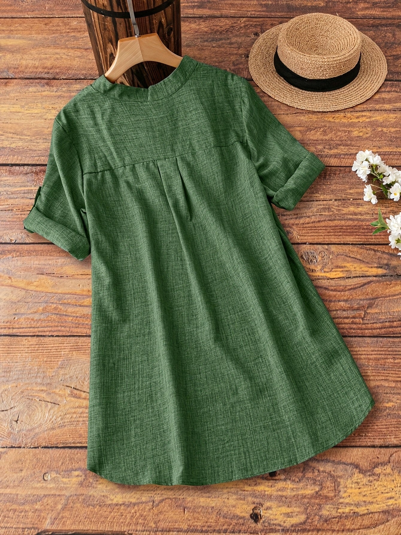 Plus Size - Plus Size - Plus Size Women'S Spring And Summer Casual V-Neck Button Tops - Flat Collar Rolled Sleeve Decorative Button Vacation Style Blouses, Perfect for Relaxed Or Elegant Looks