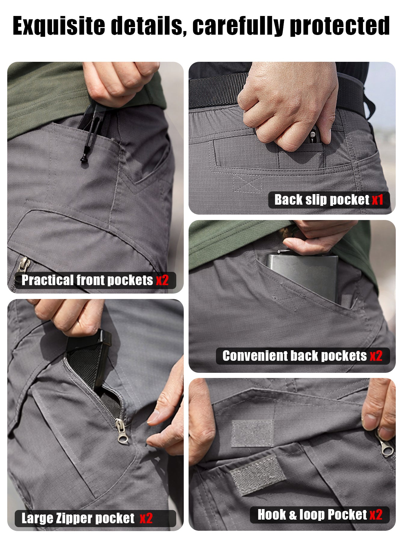 Men's Ripstop Work Pants, Durable Stretch Trail Trousers with Lightweight Breathable Comfort, Quick Dry Training Cargo Pants, Wear-Resistant Construction and Functional Multi-Pocket Design for Outdoor Travel, Camping and Trekking, Grey