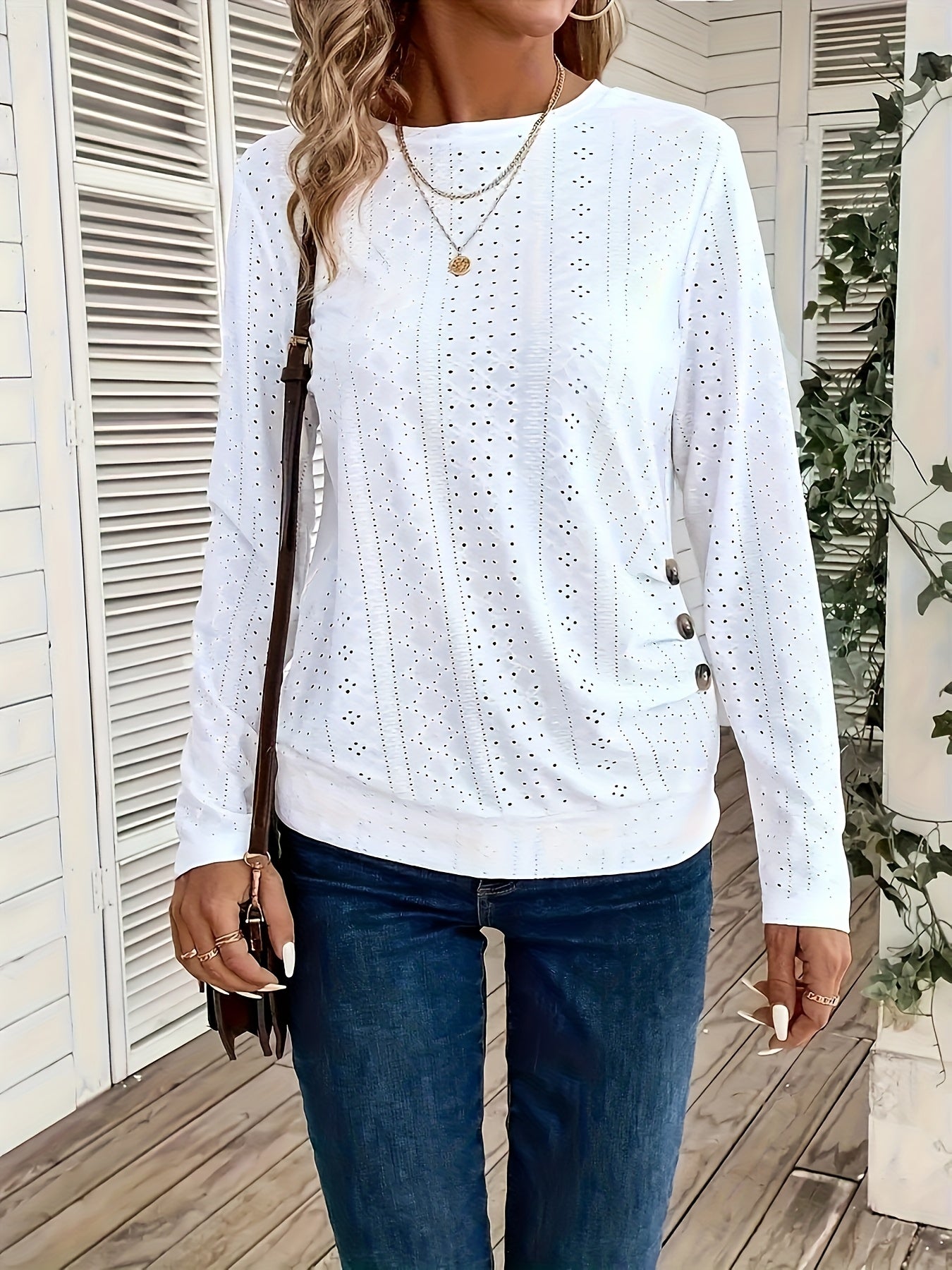 Women's Elegant Long Sleeve T-Shirt - Semi-Sheer Top with Decorative Hollow Buttons, Soft Everyday Blouse for Women, Office, Formal Events - Machine Washable All-Season Tops, Office Attire, Chic Design, Breathable Material, Versatile Topper, Casual Wear