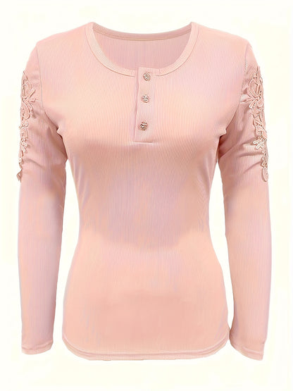 Women's Slim Fit Lace Sleeve Contrast Detail Button-Front T-Shirt - Solid Color Casual Chic Top, Machine Washable All-Season Versatile Wardrobe Staple, Versatile Fashion | Lace Detailed Tee | Quality Stitching, Lace Trim