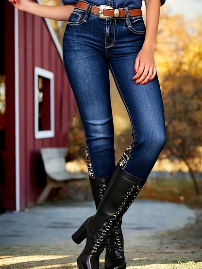 Ladies' Flared Jeans with Vibrant Paisley Design - Retro-Style, Chic Commuter Bell Bottom Denim Trousers, Washable in Machine, No Belt Required