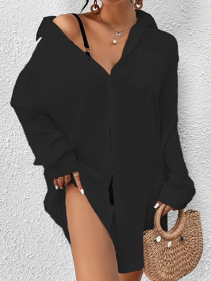 Women's Plus Size Beach Cover-Up Shirt, Casual Style Long Sleeve Swimwear, Solid Color Cardigan for Seaside Vacation