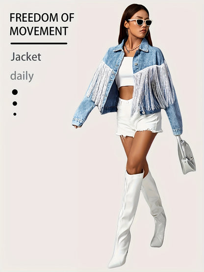 [Denim Jacket] Fringe Patchwork Decor Denim Jacket, Long Sleeves Single Breasted Button Lapel Denim Coat, Women's Denim Clothing - Perfect for Carnaval Music Festival